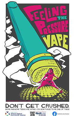 Brightly colored illustration of teen being crushed by an oversized vape and Feeling the Pressure to Vape text